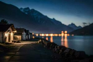 Foto Hintergrund das Nacht, Berge, Haus, Haus, Die, Norwegen, Die, noch. KI-generiert