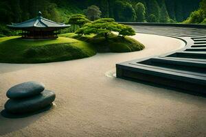 ein japanisch Garten mit ein Pagode und Felsen. KI-generiert foto