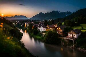 ein Fluss läuft durch ein Dorf beim Sonnenuntergang. KI-generiert foto