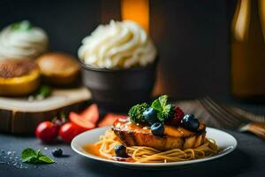 ein Teller von Essen mit Pasta, Gemüse und Frucht. KI-generiert foto