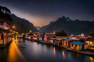 ein Fluss läuft durch ein Stadt, Dorf beim Nacht. KI-generiert foto
