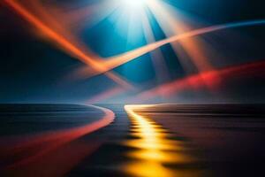 ein lange Straße mit hell Licht leuchtenden Nieder auf Es. KI-generiert foto