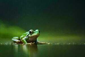 ein Frosch Sitzung auf das Wasser Oberfläche im das dunkel. KI-generiert foto