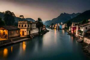 ein Fluss im Indien mit Häuser und Berge im das Hintergrund. KI-generiert foto