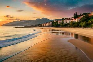 ein Strand beim Sonnenuntergang mit Häuser und Berge im das Hintergrund. KI-generiert foto