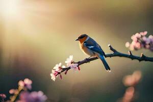 Foto Hintergrund das Sonne, Vogel, Frühling, Blumen, das Sonne, Vogel, Frühling, Blumen. KI-generiert