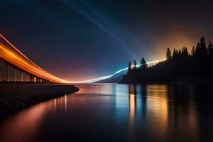 ein Brücke Über ein Fluss beim Nacht mit Beleuchtung. KI-generiert foto