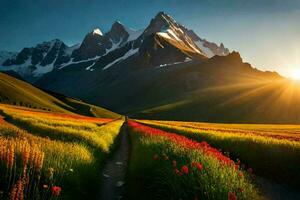 das Sonne steigt an Über das Berge im das Hintergrund. KI-generiert foto