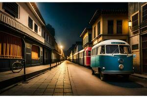 ein Blau und Weiß Bus geparkt auf ein eng Straße. KI-generiert foto