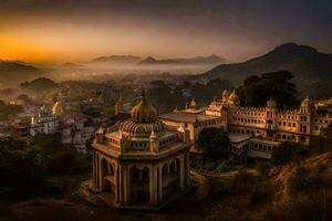 das Sonne setzt Über das Stadt von Udaipur. KI-generiert foto