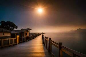 ein Seebrücke mit ein Mond Über das Wasser beim Nacht. KI-generiert foto