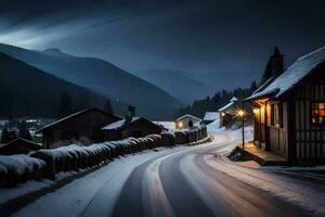 Foto Hintergrund das Nacht, Schnee, das Straße, das Berge, das Dorf, das Haus,. KI-generiert
