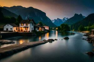 Foto Hintergrund das Himmel, Berge, Fluss, Haus, Berge, Haus, das Berge, Fluss. KI-generiert