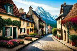 ein Gemälde von ein Straße im ein Dorf mit Blumen und Berge. KI-generiert foto