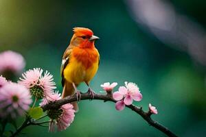 ein Vogel sitzt auf ein Ast mit Rosa Blumen. KI-generiert foto