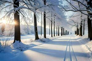 ein schneebedeckt Straße gefüttert mit Bäume und Schnee. KI-generiert foto