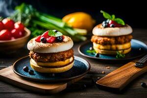 zwei Hamburger mit Obst und Gemüse auf ein hölzern Tisch. KI-generiert foto