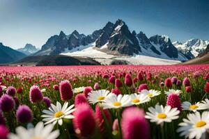 ein Feld von Blumen und Berge im das Hintergrund. KI-generiert foto