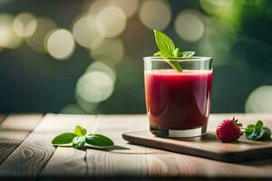 ein Glas von Himbeere Saft auf ein hölzern Tisch. KI-generiert foto