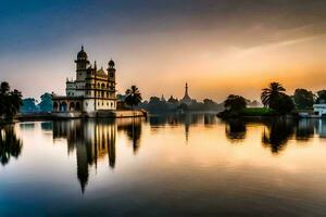 das schön Sonnenaufgang beim das See im Indien. KI-generiert foto