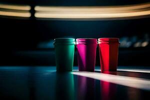 drei bunt Tassen auf ein Tabelle im Vorderseite von ein dunkel Hintergrund. KI-generiert foto