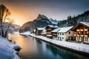 ein Fluss läuft durch ein schneebedeckt Stadt, Dorf beim Sonnenuntergang. KI-generiert foto