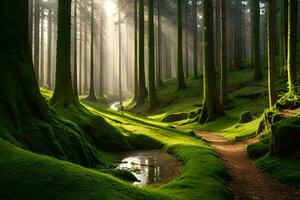 ein Pfad durch ein Wald mit moosig Bäume. KI-generiert foto