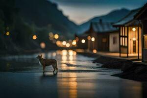 ein Hund Stehen im das Wasser beim Nacht. KI-generiert foto