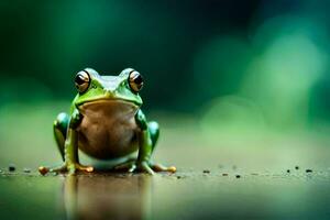 ein Frosch Sitzung auf das Boden mit ein Grün Hintergrund. KI-generiert foto