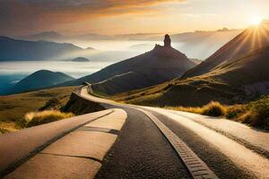 ein Straße führen zu ein Berg mit das Sonne leuchtenden. KI-generiert foto