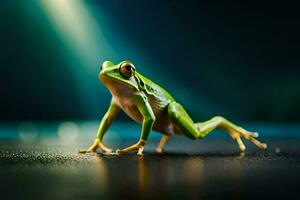 ein Frosch ist Stehen auf ein dunkel Oberfläche. KI-generiert foto