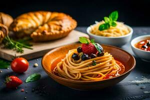 Spaghetti mit Tomate Soße, frisch Tomaten, frisch Basilikum, frisch Mozzarella, frisch Brot. KI-generiert foto