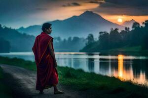 ein Mönch im rot Roben steht durch das Wasser beim Sonnenuntergang. KI-generiert foto
