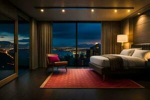 ein Schlafzimmer mit ein Aussicht von das Stadt beim Nacht. KI-generiert foto