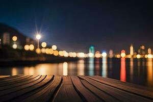 ein hölzern Deck mit Blick auf das Wasser beim Nacht. KI-generiert foto