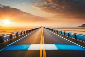 ein lange Autobahn mit das Sonne Rahmen im das Distanz. KI-generiert foto