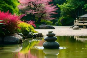 ein japanisch Garten mit ein Teich und Felsen. KI-generiert foto