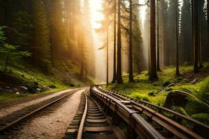 Eisenbahn Spuren im das Wald beim Sonnenaufgang. KI-generiert foto