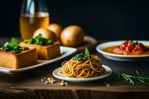 ein Tabelle mit Essen und Getränke auf Es. KI-generiert foto