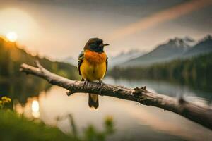 ein Vogel sitzt auf ein Ast in der Nähe von ein See. KI-generiert foto