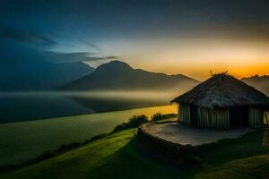 das Sonnenaufgang Über See im das Nebel. KI-generiert foto