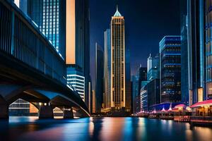 das Stadt Horizont beim Nacht mit ein Brücke Über Wasser. KI-generiert foto