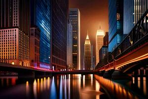 ein Stadt beim Nacht mit ein Brücke Über Wasser. KI-generiert foto