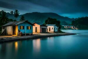 ein Mann sitzt auf ein Dock beim Nacht mit ein Haus im das Hintergrund. KI-generiert foto