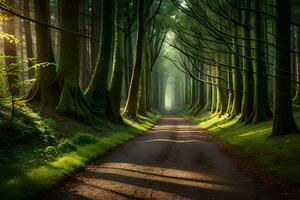 ein Straße im das Mitte von ein Wald mit Bäume. KI-generiert foto