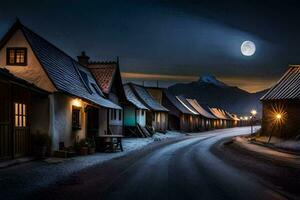 ein Straße im das Mitte von ein Stadt, Dorf beim Nacht. KI-generiert foto