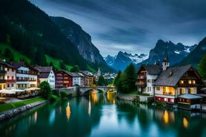 Foto Hintergrund das Himmel, Berge, Fluss, Häuser, Schweiz, alpin Dorf, schw. KI-generiert