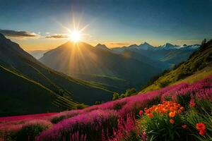 das Sonne steigt an Über das Berge im das Hintergrund. KI-generiert foto