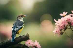 ein Vogel sitzt auf ein Ast mit Rosa Blumen. KI-generiert foto