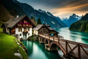 ein Haus sitzt auf das Seite von ein See mit Berge im das Hintergrund. KI-generiert foto